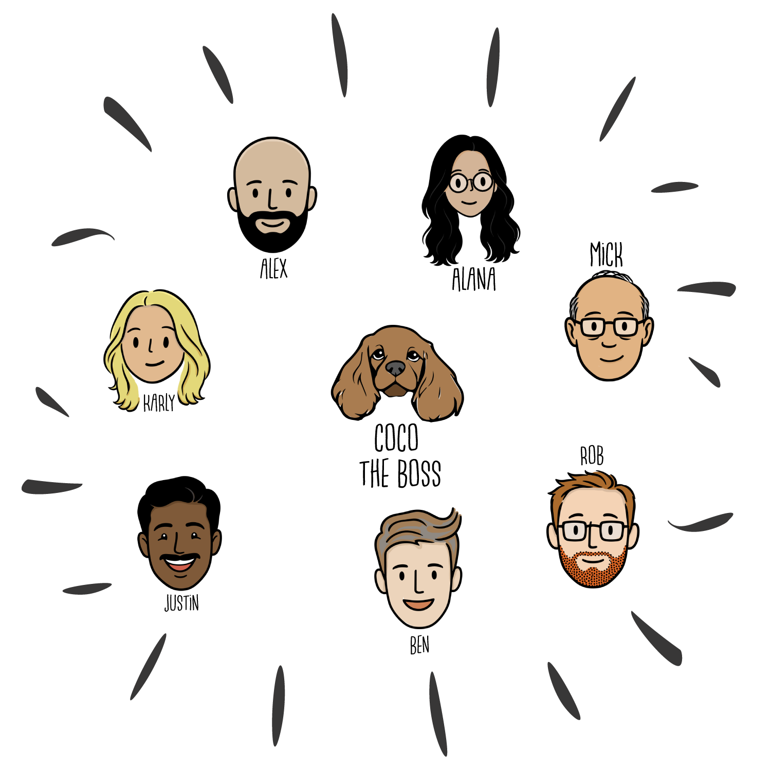 The Chubby Mealworms team: Alex, Alana, Mick, Karly, Justin, Ben, Rob and Coco the boss