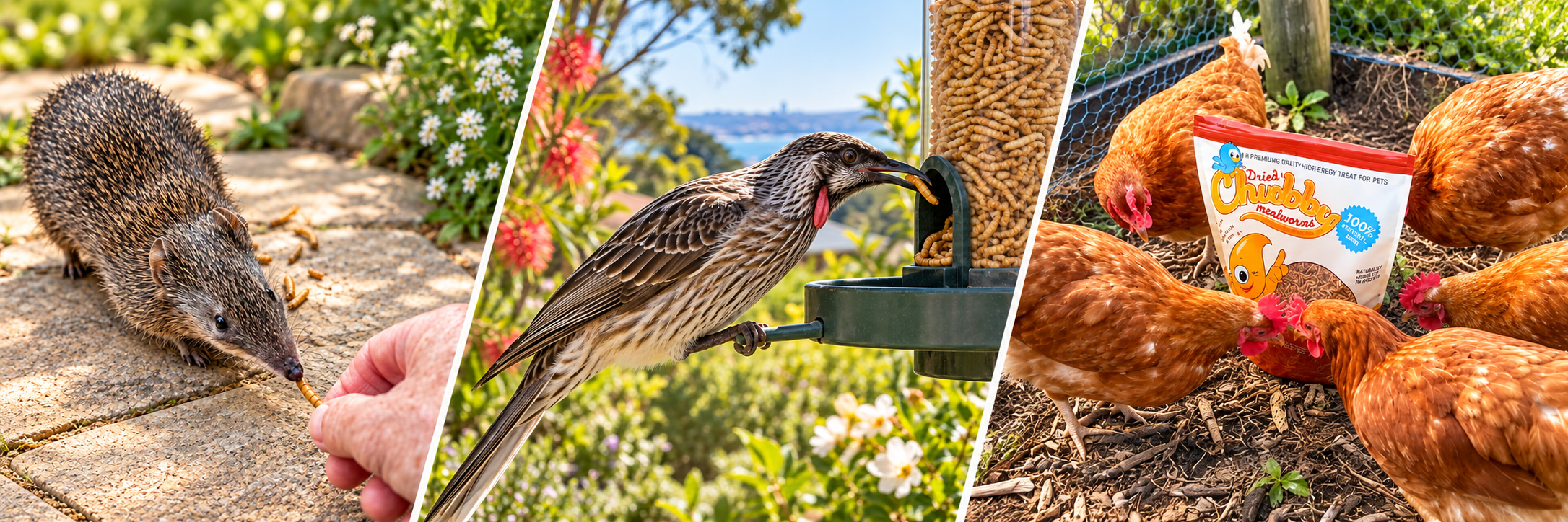 A bandicoot taking a mealworm from a hand, a wattlebird feeding from a mealworm feeder, and backyard hens around a bag of Chubby Dried Mealworms