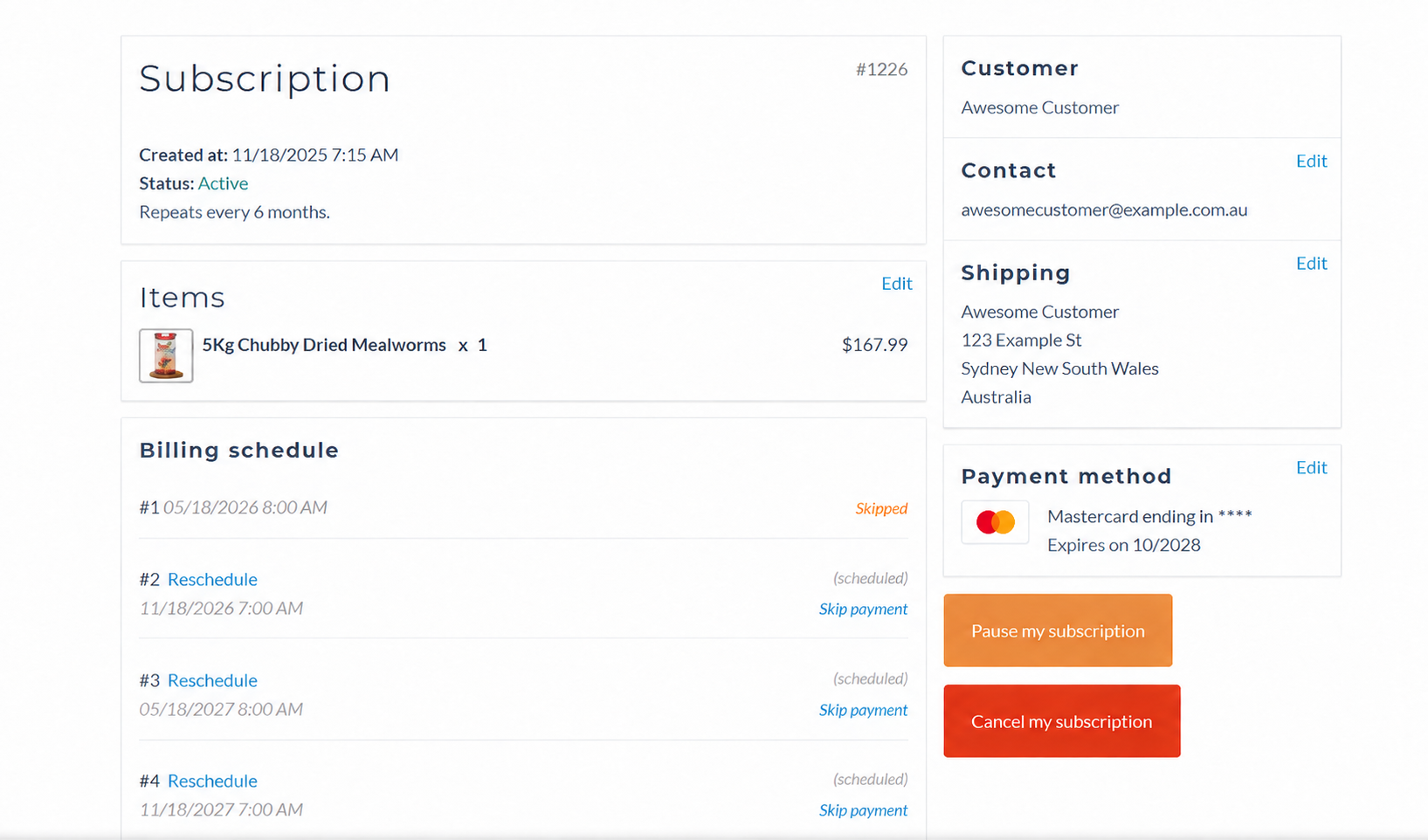The Chubby subscription portal, showing the billing schedule and subscription controls